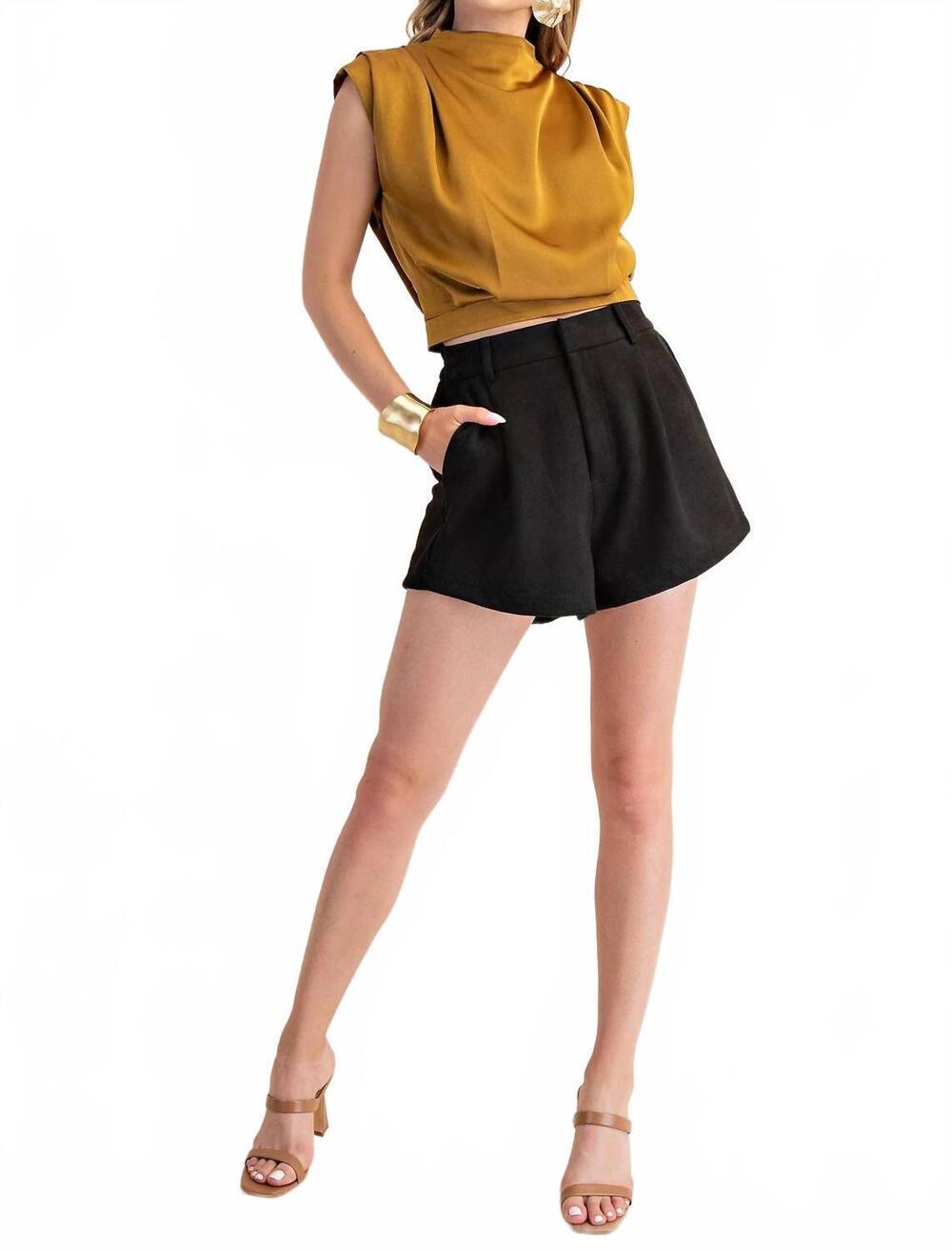 NEW GLAM women's high waist suede tailored shorts in black